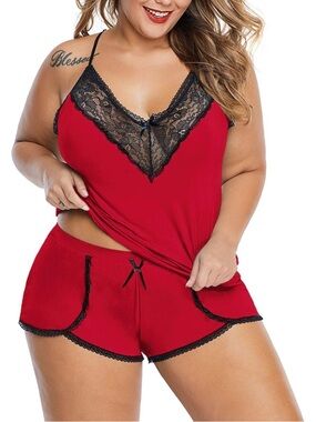 Plus Size Lace-Trim Red Cami & Short Sleep Set